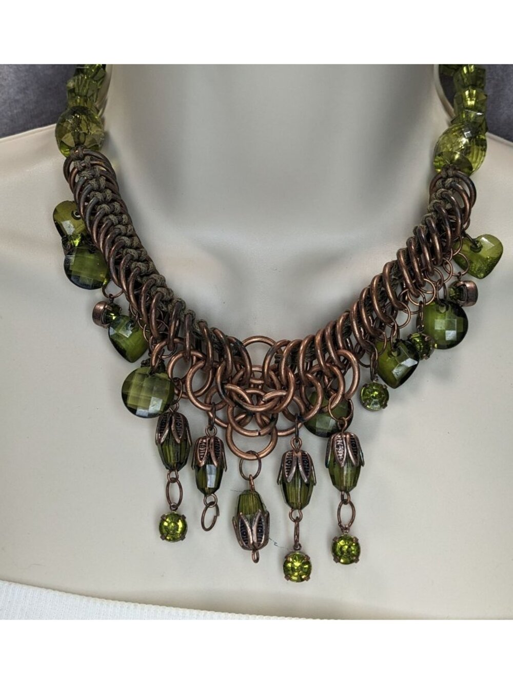 Fairycore Boho Witchy Green Beaded Copper Tone Statement Necklace